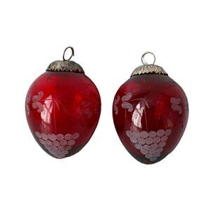 2 Vintage Etched Grapes Red Glass Christmas Ornaments